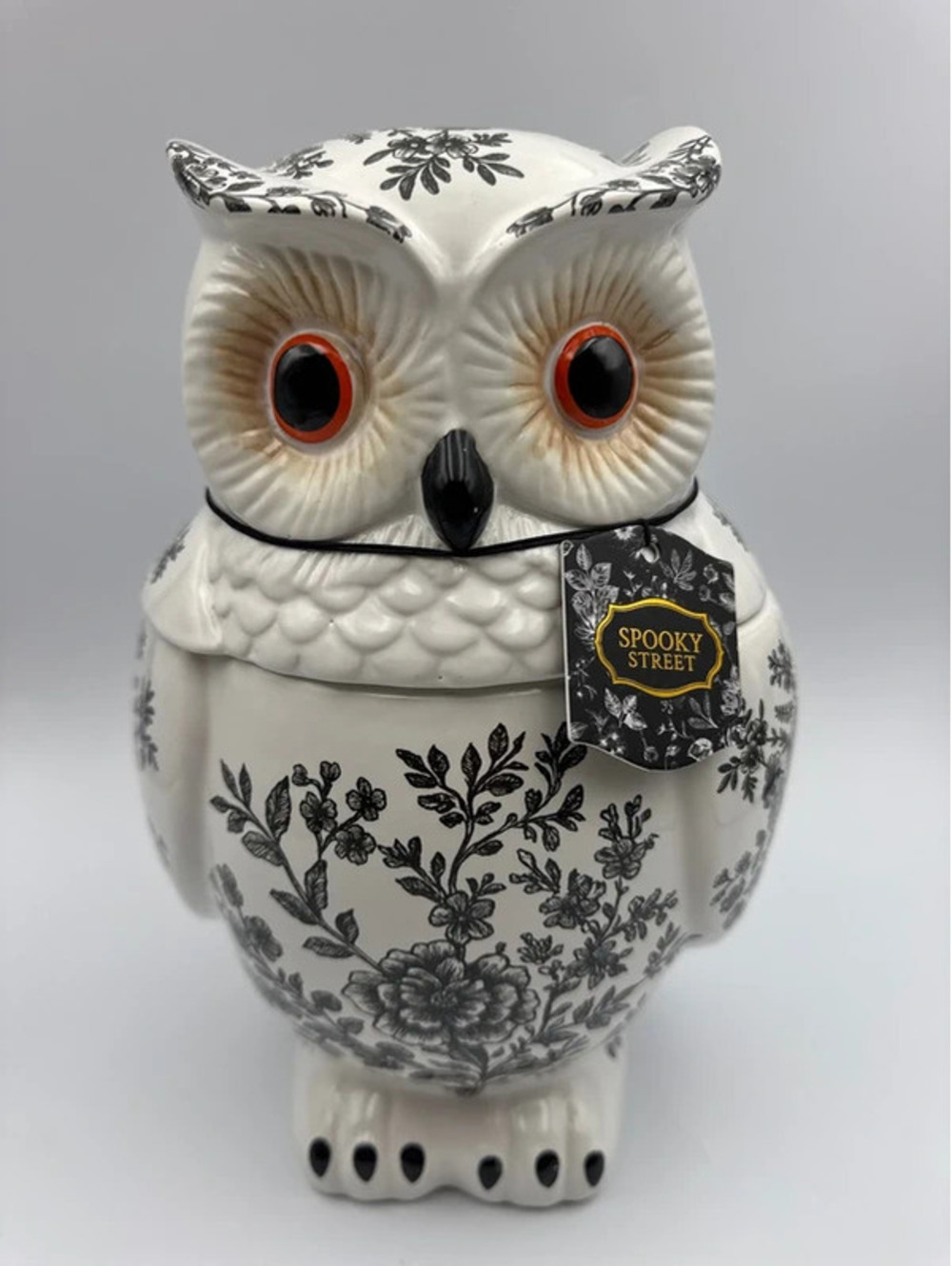 Spooky Street Ceramic Owl Cookie Jar / Canister in Black & White Floral Toile